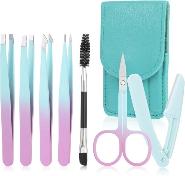 Kit de 4 pinzas mas tijera, cepillo y perfiladora para cejas - verde agua y lila